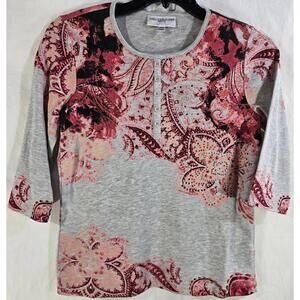 Rebessa Malone Gray 3/4 Sleeve Floral Print Henley Top Size Petite Small